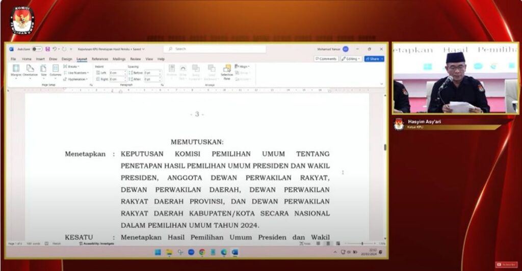 Ketua KPU Hasyim Asy'ari membacakan hasil pleno penetapan Pemilu 2024 di Gedung KPU, Jakarta (20/3/2024)